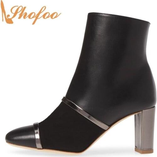 Black Flock Round Toe High Block Heels Woman Booties Zipper Metal Decoration Ankle Boots Big Size 11 14Lady Fashion Shoes Shofoo
