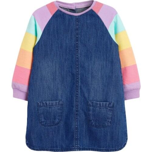 Little maven Autumn Winter Skirt Long Sleeve Girls Rainbow Cowboy Pocket Clothes Round Neck Children Casual Dresses 2-7years