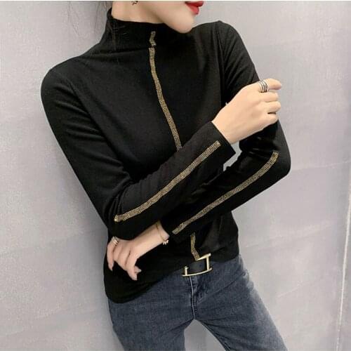 GGRIGHT Turtleneck Tshirt Women Clothes Long Sleeve Korean Vintage White Diamonds T shirt Women Tops Elastic Casual Tee Shirt Fe