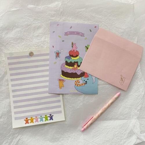 Korea Ins Cute Cartoon Bear Letter Paper Envelope Suit Happy Birthday Blessing Card Double Sided Creative Love Letter Stationery