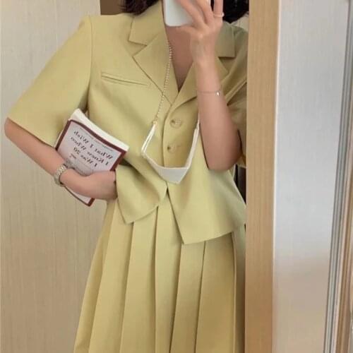 Summer Womens Skirt Set Set College Wind Lapel Short Sleeve Blazer Pleated Skirt Solid Ladies Two-Piece Set