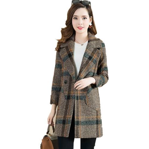 Middle Aged Women Lattice Overcoat Mid-Long Spring Korean Suit Collar Coats Spring&Fall Clothes Lady Straight Loose Woolen Coat