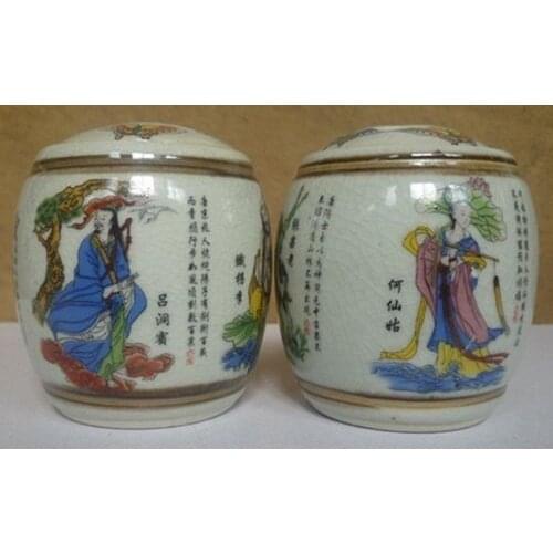 A Pair of Old Handwork Jingdezhen Porcelain Painted with Eight Immortal Storage Pot