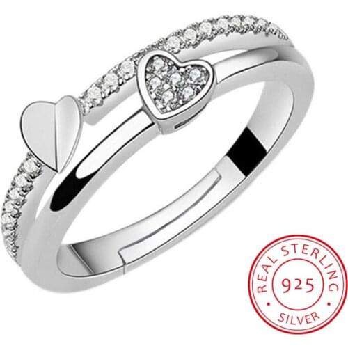 Luxury 925 Sterling Silver Wedding Ring For Women Double Heart Zirconia Opening Ring Valentines Day Present S-R133