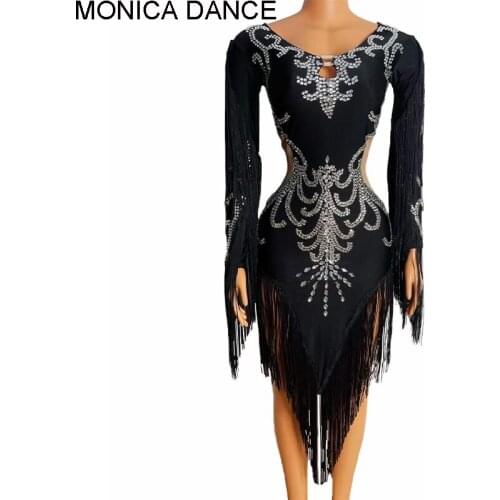 Sexy Stage Silver Rhinestone Long Sleeve Fringes Spandex Dress Bar Women Dancer Evening Outfit Birthday Celebrate Dance Dress
