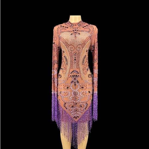 Silver Rhinestone Fringes Transparent Dress Sexy Tassel Stage Performance Fashion Show Costume Long Sleeve