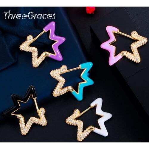 ThreeGraces Exquisite Star Shape Stud Earrings for Women Black Pink Enamel Cubic Zirconia Gold Color Korean Jewelry Gift ER552