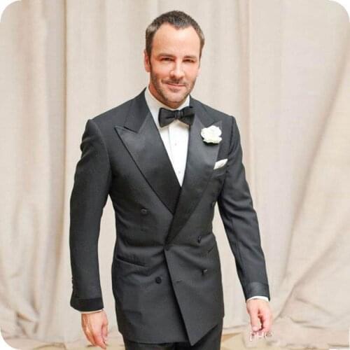 TPSAADE Black Groom Tuxedo Mens Double Breasted Slim Fit Wedding Suits Men Blazer Peaked Lapel 2 Pieces Terno Masculino