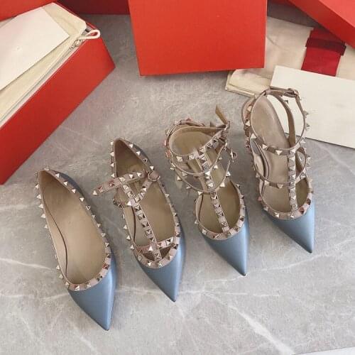 Rivet high heels female fetal cattle shallow shoes with thin heels and flat tips women shoes shoes woman designer shoes