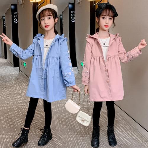 Spring Autumn Blue Pink Color Long Jackets for Girls Teenager Fashion Kids Hooded Windbreaker Outerwear Children Baby Trench Top