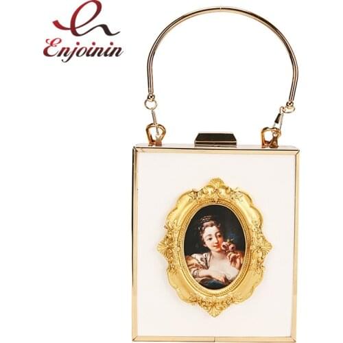 Vintage Oil Painting Character Box Style Women Luxury Purses and Handbags Party Clutch Bag Ladies Shoulder Chain Bag Tote Bag