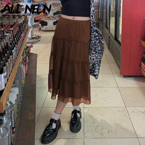 ALLNeon 90s Aesthetics Brown Mesh Ruffles Skirts Y2K Fairy Grunge Low Waist Patchwork Midi Skirt A-line Indie Outfits Fashion