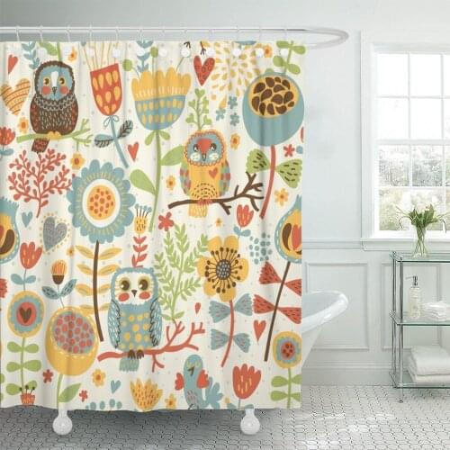 Pattern Cute Colorful Floral Owl and Bird Flower Retro Shower Curtain Waterproof Polyester Fabric 72 x 78 Inches Set with Hooks