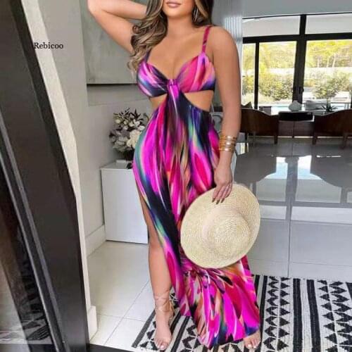 Women Sexy Deep V Neck Sling Split Long Dress Elegant Hollow Out Party Dress Fashion Prints Sleeveless Boho Dress Vestido