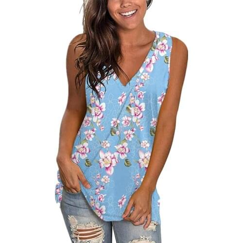 S-3XL Tropical Flowers Print Tops Women Sleeveless Summer V-neck T-Shirts Casual Graphic Harajuku Plus Size Tank Tops