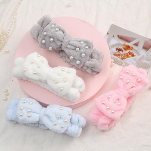 New Fashion Hair Accessories For Women Soft Coral Velvet Wash Face Headband Bow Knot Pearls Hairband Turban Home Headwear