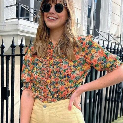 Ruffles Shirts Women Floral Print Puff Sleeve Buttons Up Blouse 2021 Dreamy Flowers Mujer chemisier femme Tops Elegant Shirts