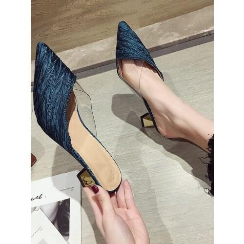 Womens shoes slippers outdoor 2020 new spring transparent plastic stitching stiletto heel mules