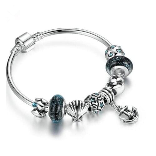 2017 New Silver Plated Black Glass Beads Anchor Pendant Charms Bangles Women Best Jewelry