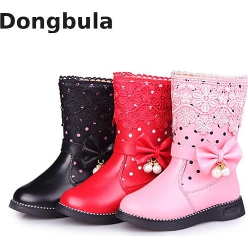 Girl Winter High Boots Fashion Dress Shoes With Fur Kids Snow Boots Girls Bow Tie Lace Pearl Fashion Boots Children Warm Boots