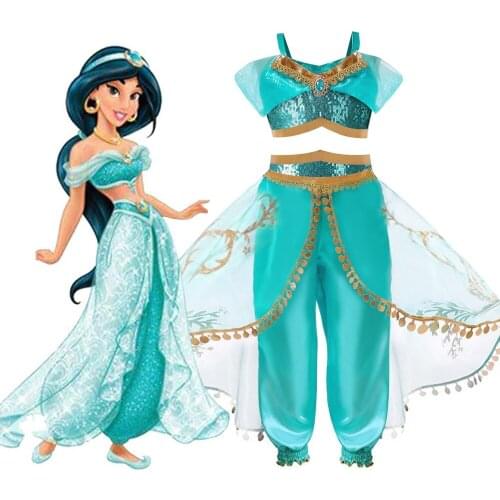 Anime Disney Jasmine Halloween Cosplay Costumes Girls Aladdin Dress Sequined Top Culottes Performance Clothing Christmas Gifts