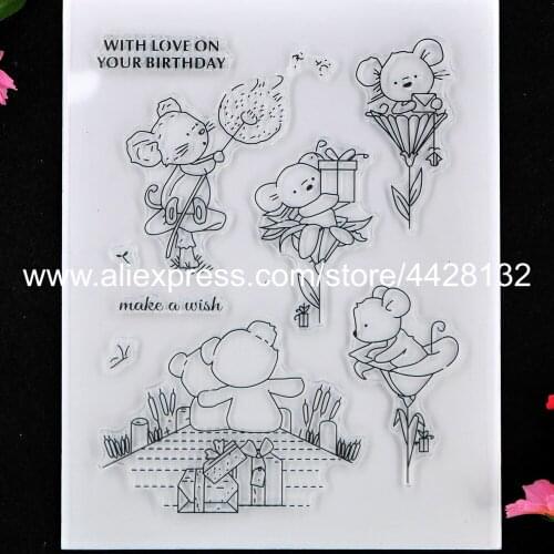 Bear Make a wish Giftbox Birthday Flowers Scrapbook photo cards rubber stamp clear stamp transparent stamp 9080222