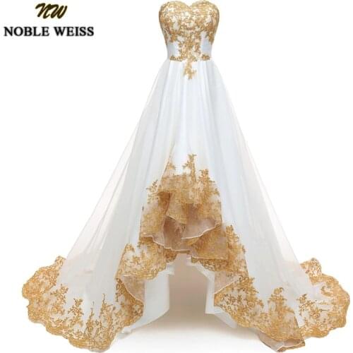 NOBLE WEISS Gold Appliques Evening Dress Strapless High Low Prom Dresses Organza Prom Gown Custom Made