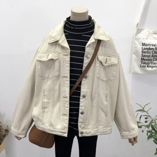 Spring Autumn Harajuku Beige Denim Jacket Women Loose Long sleeve Casual Jeans jacket Female Student Basic Coat Korean Outerwear