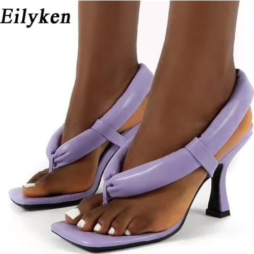 Eilyken Purple Women Gladiator Sandals Sexy high heels Sandals Summer Party Dress Pumps Square Head Strappy shoes