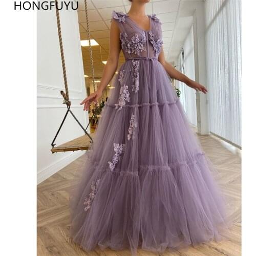 HONGFUYU 2021 Tulle A-line Formal Evening Dresses Long robe de soiree V neck Party Prom Gowns vestidos elegantes para mujer