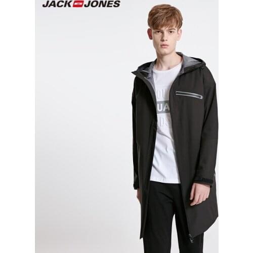 JackJones Mens Waterproof Mid-length Hooded Waist Drawstring Casual Trench Coat|219121505