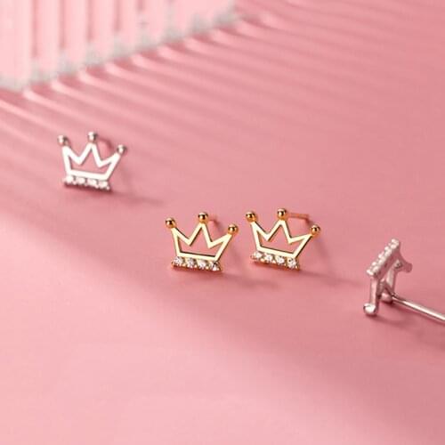 Real 925 Sterling Silver Zircon Hollow Crown Stud Earrings For Fashion Women Cute Fine Jewelry Minimalist Accessories