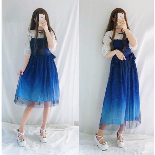 JSK Shinning Stars Lolita Dress Gradient JSK Star Blue Girls Solid Fancy Dress Lace Ruched Pleated Dress with Shirt Set