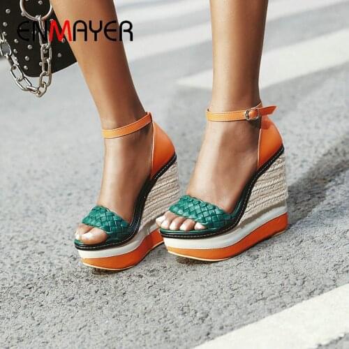 ENMAYER 2020 Basic Casual PU Mixed Colors Platform Sandals Fashion Luxury Shoes Women Designers Buckle Strap Wedge Sandals 34-43