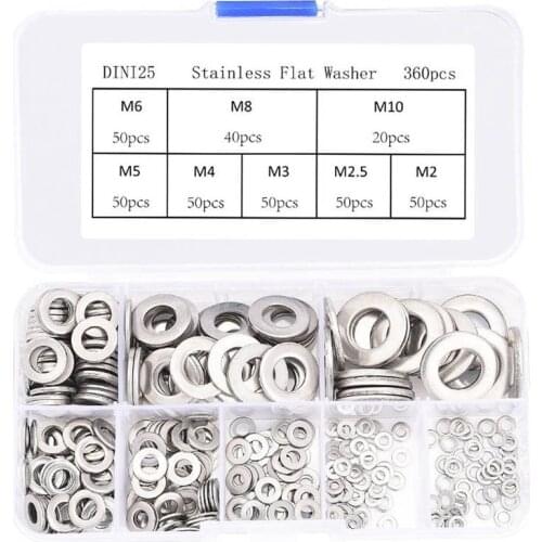 360Pcs Stainless steel Flat Washers Sealing Ring Washers Assortment Set 8 Sizes in a storage Box