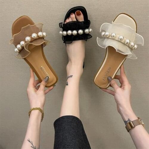 New Women Sweet Slippers Ladies Imitation Pearls Lace Edge Sandals Flat Anti-slip Outdoor Female Slides Korean Style Girl Shoes