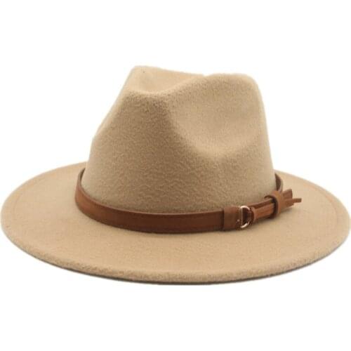 Fedora hats women men caps spring autumn wide brim solid women hats with band belt classic formal dress khaki black winter hats