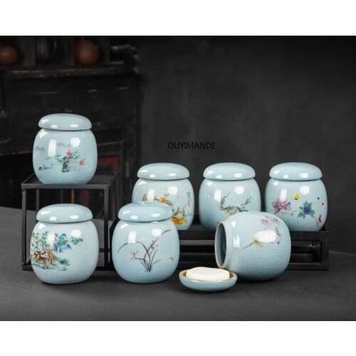 Traditional Chinese Style Multiple Patterns Crackle Ceramic Tea Box Caddy Sealed China Tea Storage Container