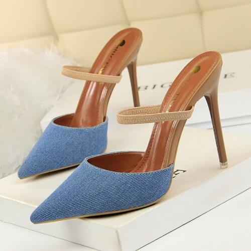 Luxury Women Pumps Elegant Silk Pointed Toe Pointed Denim face Word band 10cm Thin High Heels Party Shoes Plus Size 34-40