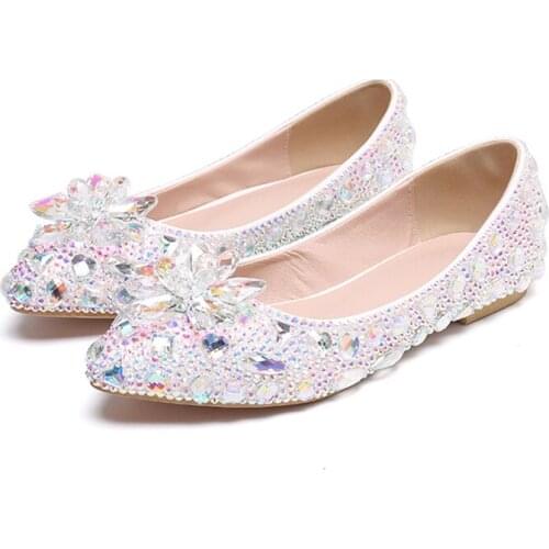 2021 spring new banquet dress pointed bridal wedding shoes female color diamond crystal flat PU large size fashion single shoes