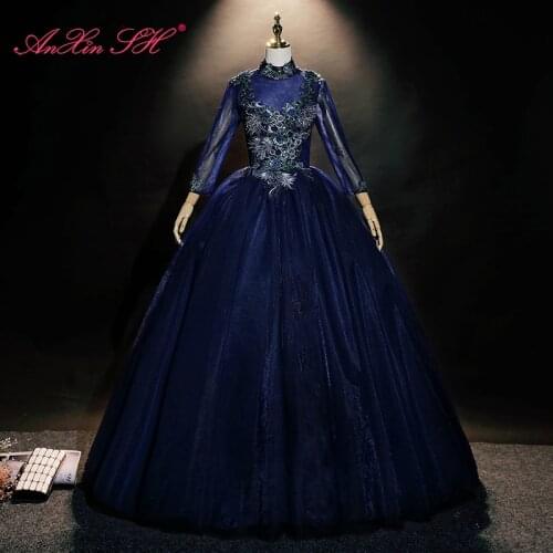 AnXin SH vintage princess navy blue lace sparkly high neck beading crystal long sleeve rose flower ball gown bride evening dress