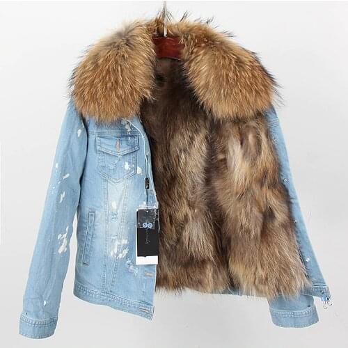 2021 Womens Denim Jacket Natural Fur Coat Parkas Female Coat Winter Real Raccoon Fur Collar Jeans Jacket