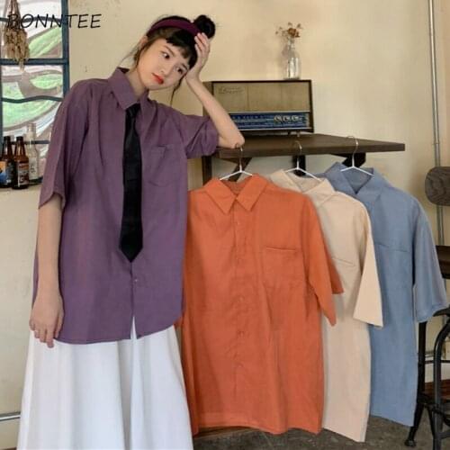 Shirts Women Solid Simple 2020 Summer Casual Loose Bf Oversize Large Size Kawaii All-match Pockets Preppy Korean Style Fresh New