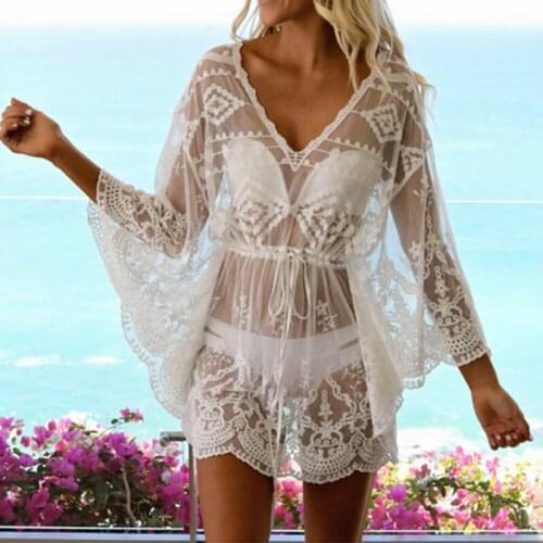 USA Womens Sexy beachwear lace bikini cover long-sleeved beach skirt coat skirt