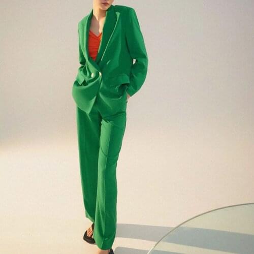2 Pcs Green Women Pantsuits Autumn Double Breasted Blazer+ High Waist Zipper Long Pants Officer Lady Trousers Suits