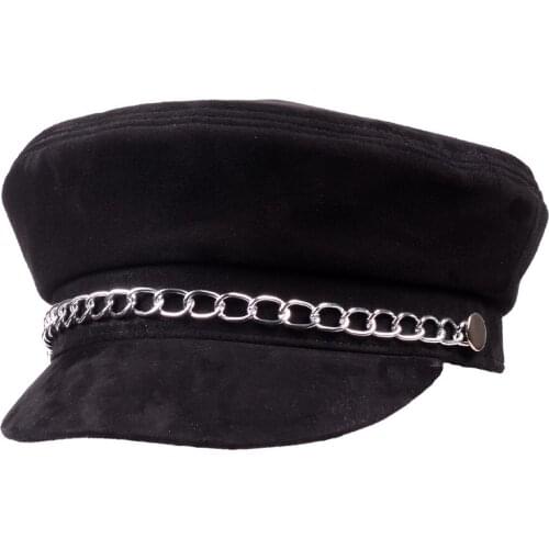 Womens Ladies Real Suede leather Sheep Skin Silver Chain Beret Naval Hat Newsboy Militry Flat Cap Army/Navy Caps/Hats