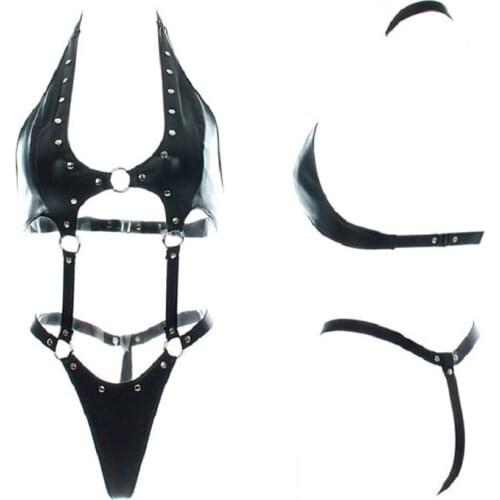 Women Faux Leather Open Back Halter Hollow Out Teddy Bodysuit Clubwear Night Club Sexy Costume Disco Leotard