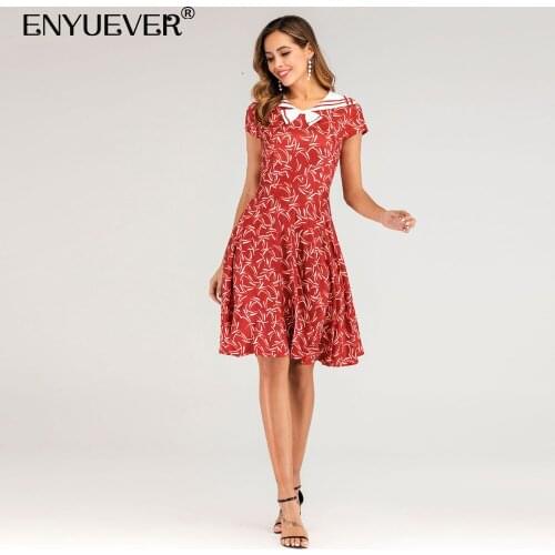 Enyuever Elegant Vintage Dress Summer Women Clothing Sailor Collar Bowknot White Red Print Robe Pin Up Swing Party Casual Dress