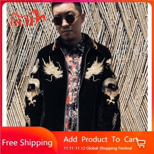 2020 New Original Chinese Style Coat Golden Dragon Embroidered Velvet Jacket Yokosuka Embroidered Lapel Mens Loose Short Jacket