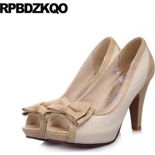 2018 Ladies Crossdresser Bow Shoes Size 33 4 34 Plus Pumps High Heels Peep Toe Fashion 10 42 Cute Fish Mouth Round 11 43 Chunky